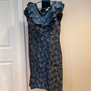Sassy Jones NWT Elegant Blue Geometric Pattern Dress. Ginger Patchwork Denim